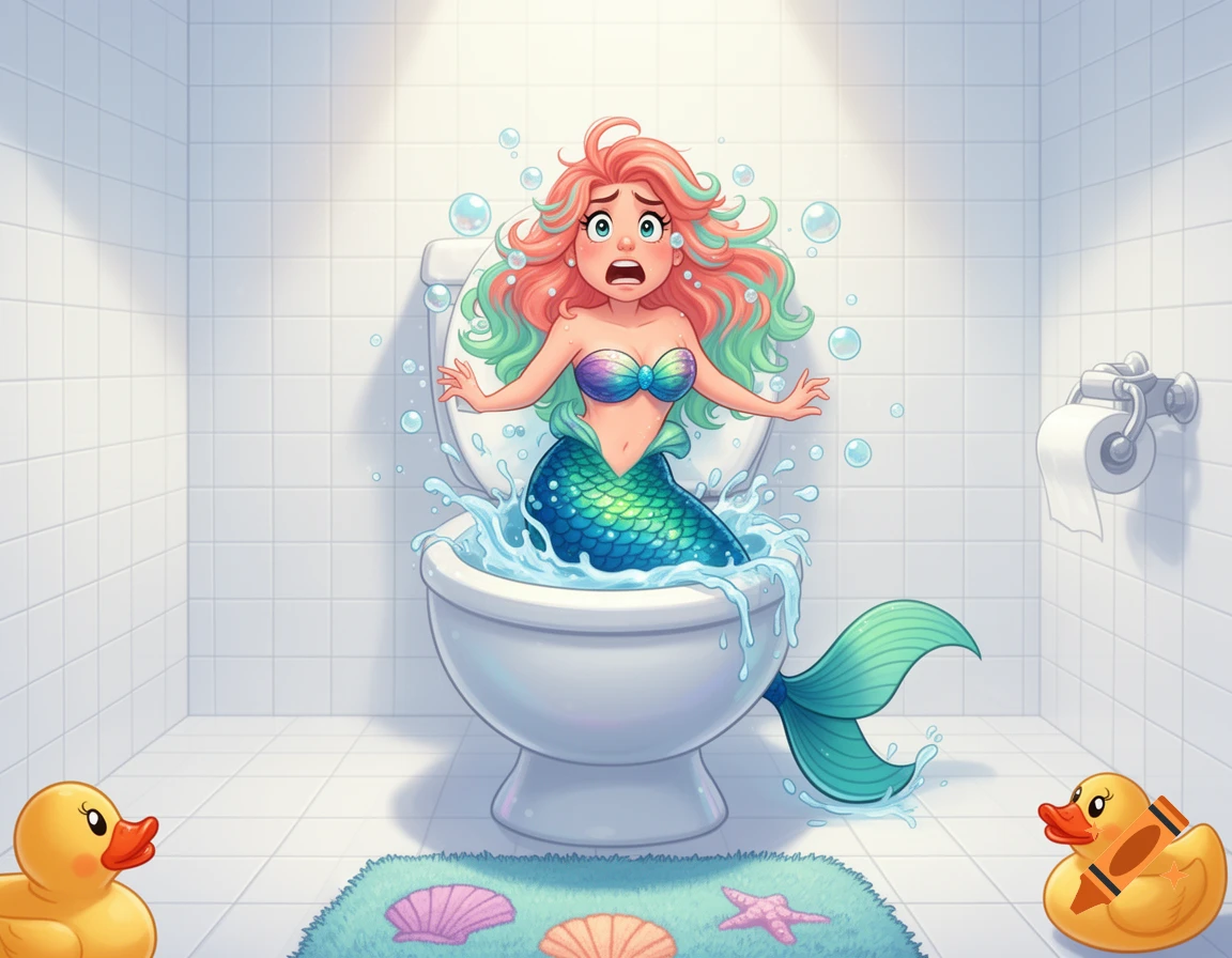 A distressed cartoon mermaid with pink and green hair and a blue-green tail emerges from a toilet, splashing water. Two rubber ducks and seashells are on a rug.