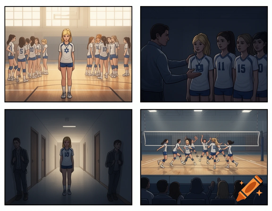 A four-panel comic strip showing a blonde girl in a volleyball uniform with a Star of David, feeling isolated in a gym, talking to a coach, walking a hallway, and watching a game.