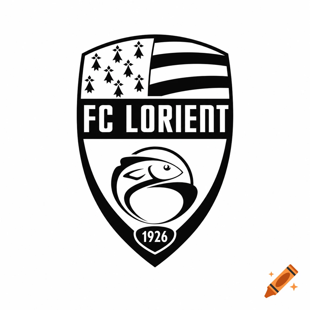 Black and white minimalist logo for FC Lorient football club, featuring a crest with text "FC Lorient", a fish, flag pattern, and "1926".