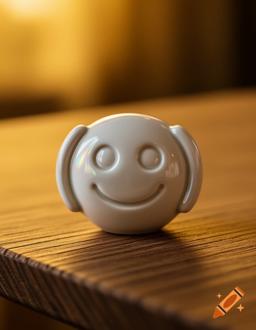A shiny white spherical object with a smiley face and ear-like protrusions rests on a wooden surface.