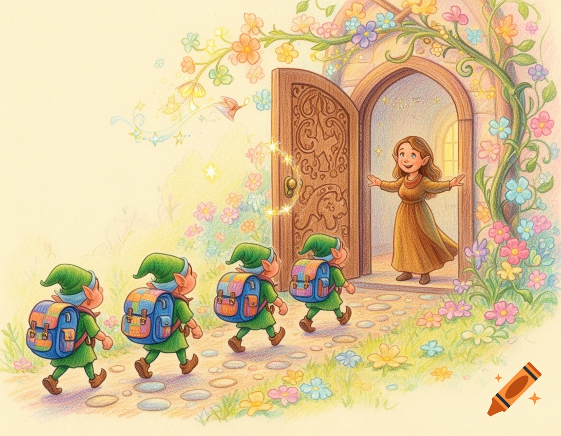 Four small elves with large colorful backpacks walk towards a smiling teacher at a fantasy school entrance adorned with flowers, in a childlike pastel art style.