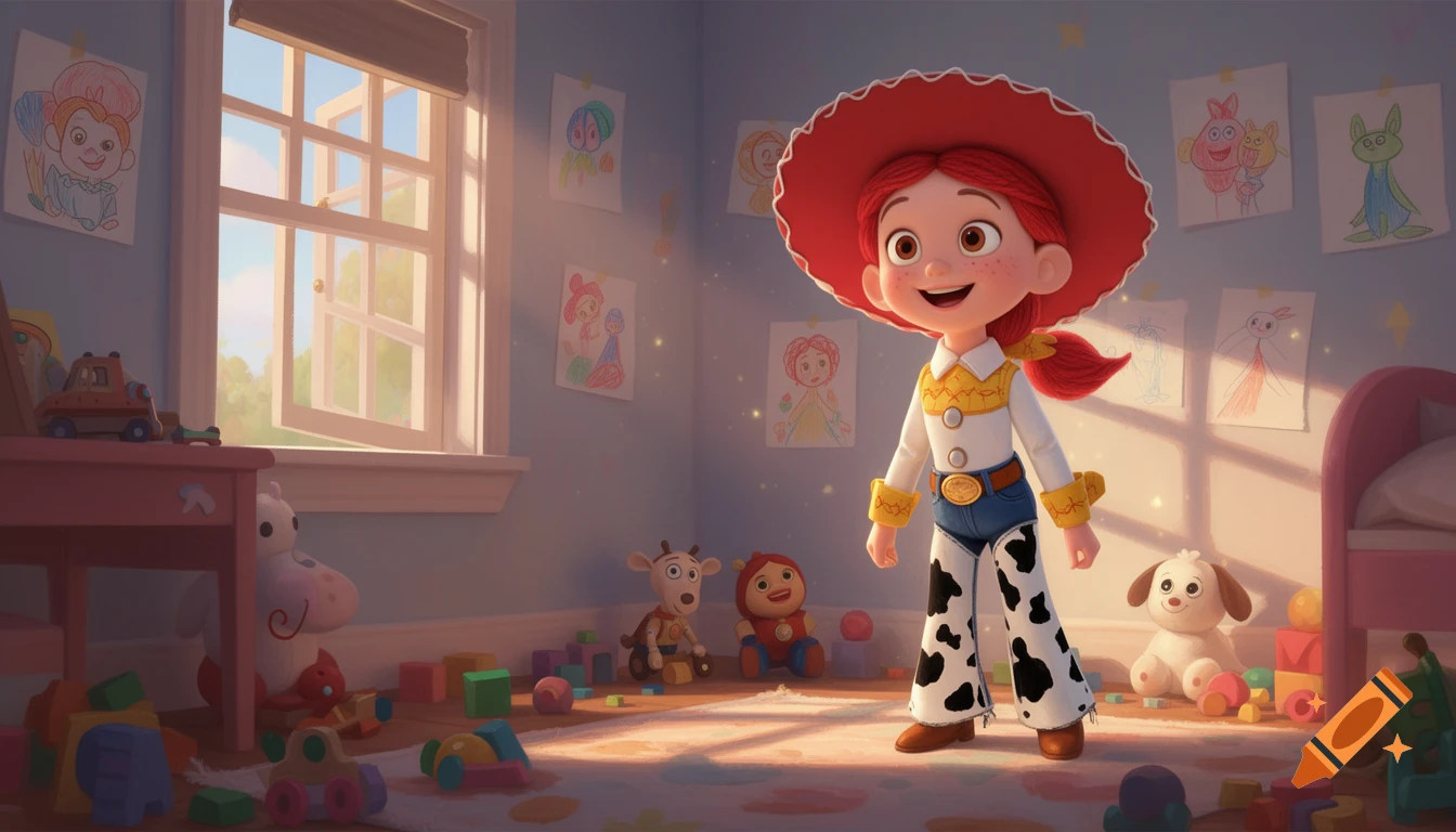 Jessie from Toy Story stands smiling in a sunlit child's room filled with colorful toys and crayon drawings on the walls.