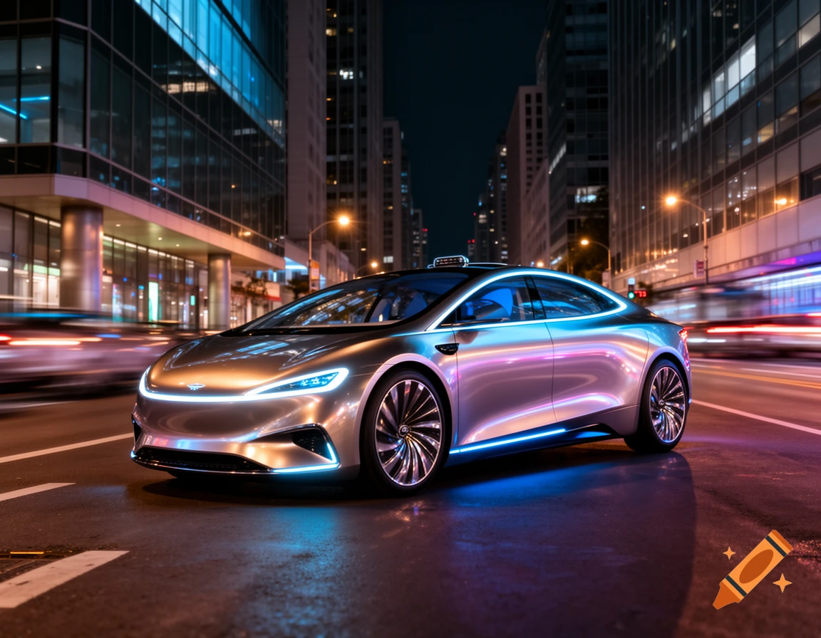 A sleek, silver futuristic autonomous car with blue glowing accents drives through a vibrant city street at night.