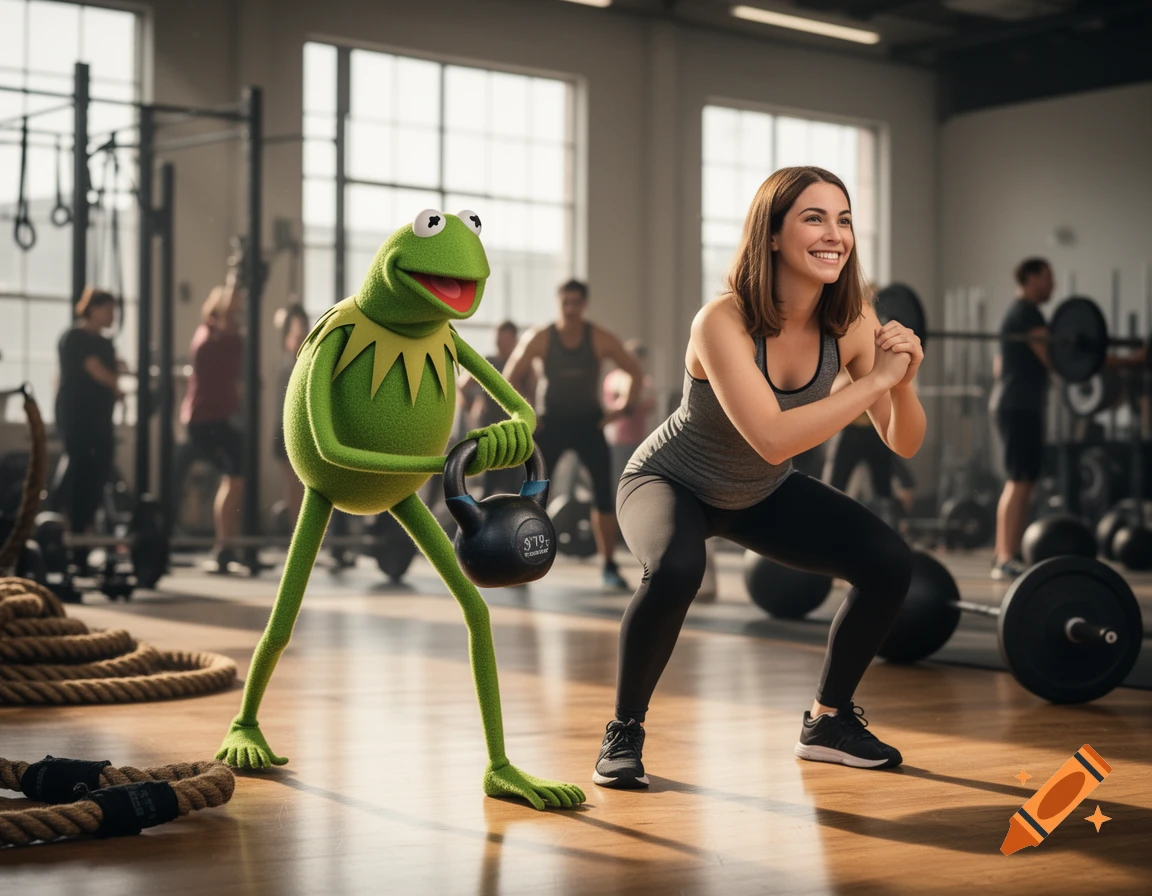 Kermit the Frog holding a kettlebell next to a smiling woman doing squats in a gym, photorealistic.