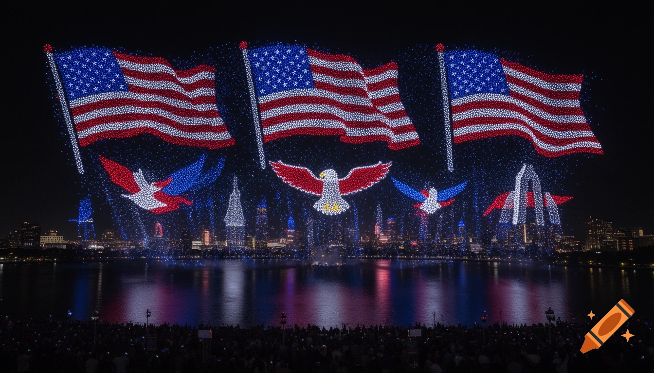 A patriotic drone show over a city skyline at night, with American flags and eagles made of lights reflected in the water, watched by a crowd.