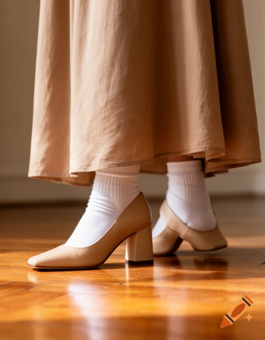 Person in a light brown skirt, white socks, and beige block-heel pumps standing on a polished wooden floor.