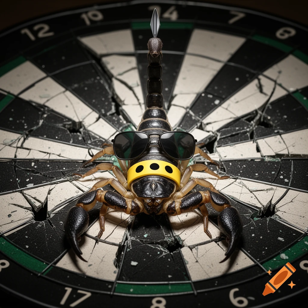 A photorealistic scorpion wearing sunglasses and a yellow band stands on a broken dartboard, its tail shaped like a dart.