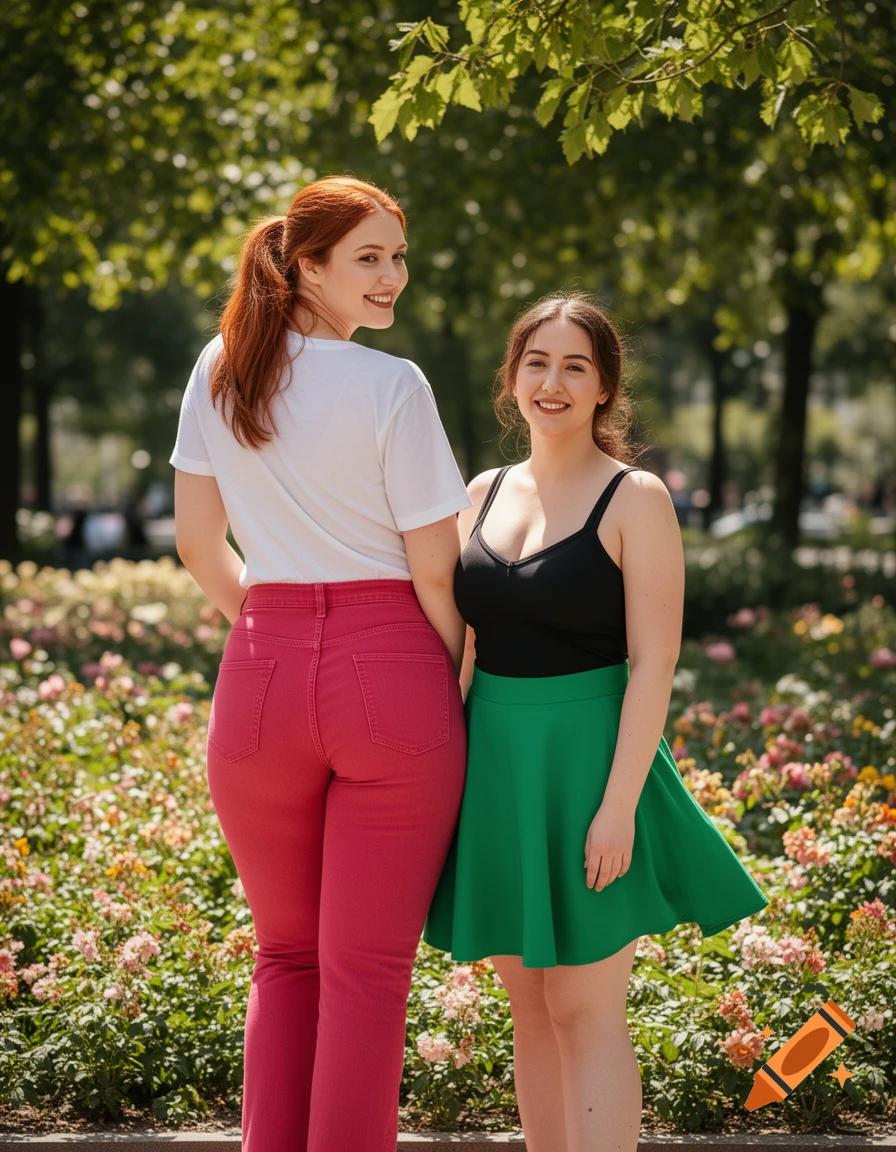 Two smiling women in a sunny park with flowers and trees. One wears a white shirt and red jeans, the other a black top and green skirt.