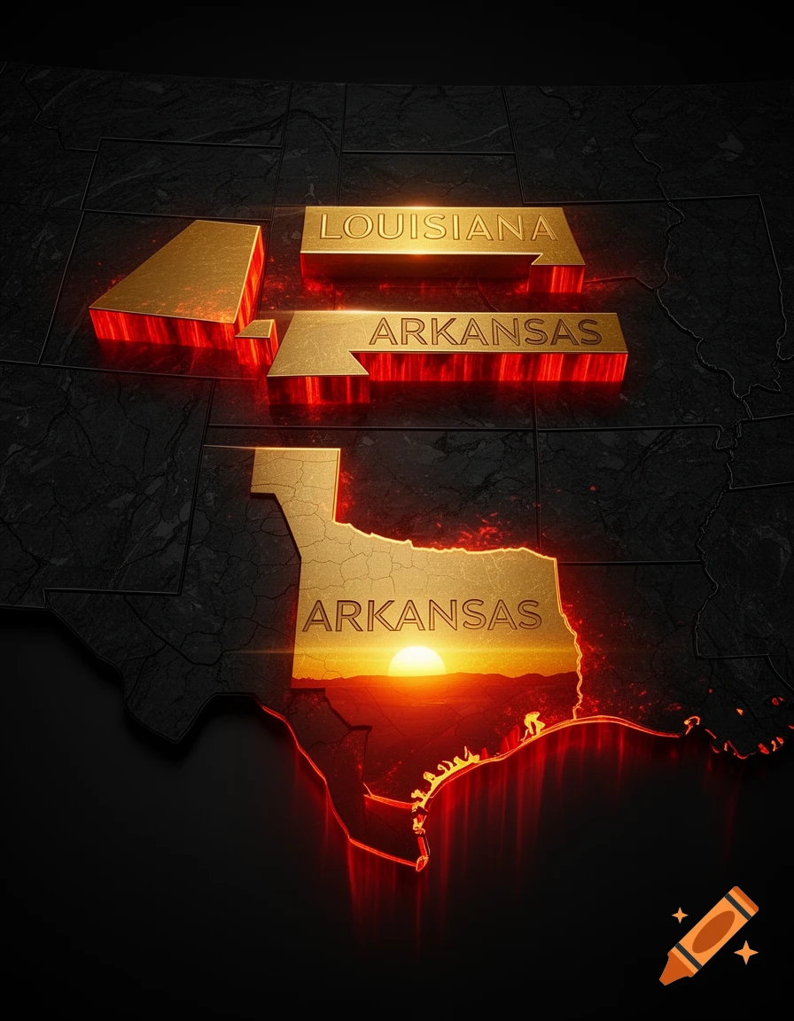 Stylized 3D map of the USA with Louisiana and Arkansas highlighted in glowing gold and red, featuring a sunset within Arkansas.