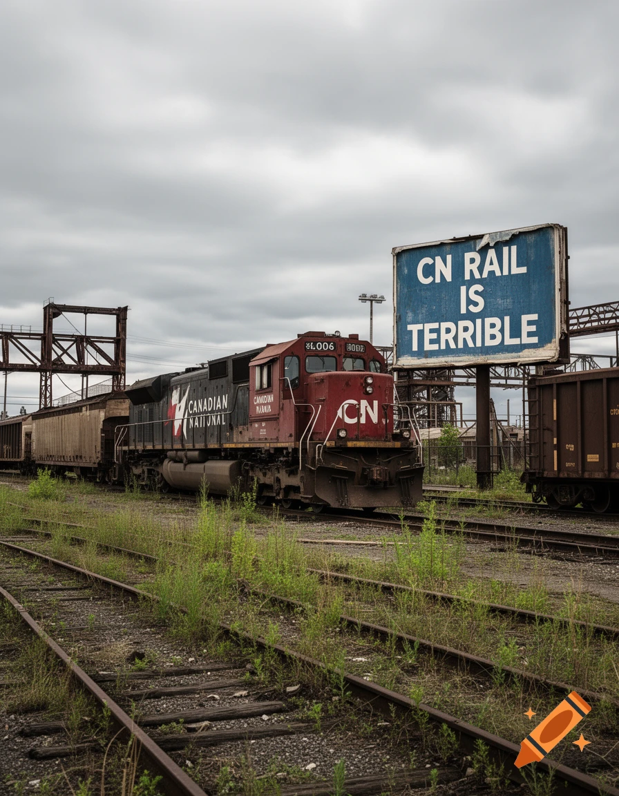 A photorealistic image of a red and black CN train on tracks in a grassy railway yard under an overcast sky, with a billboard saying 'CN RAIL IS TERRIBLE'.