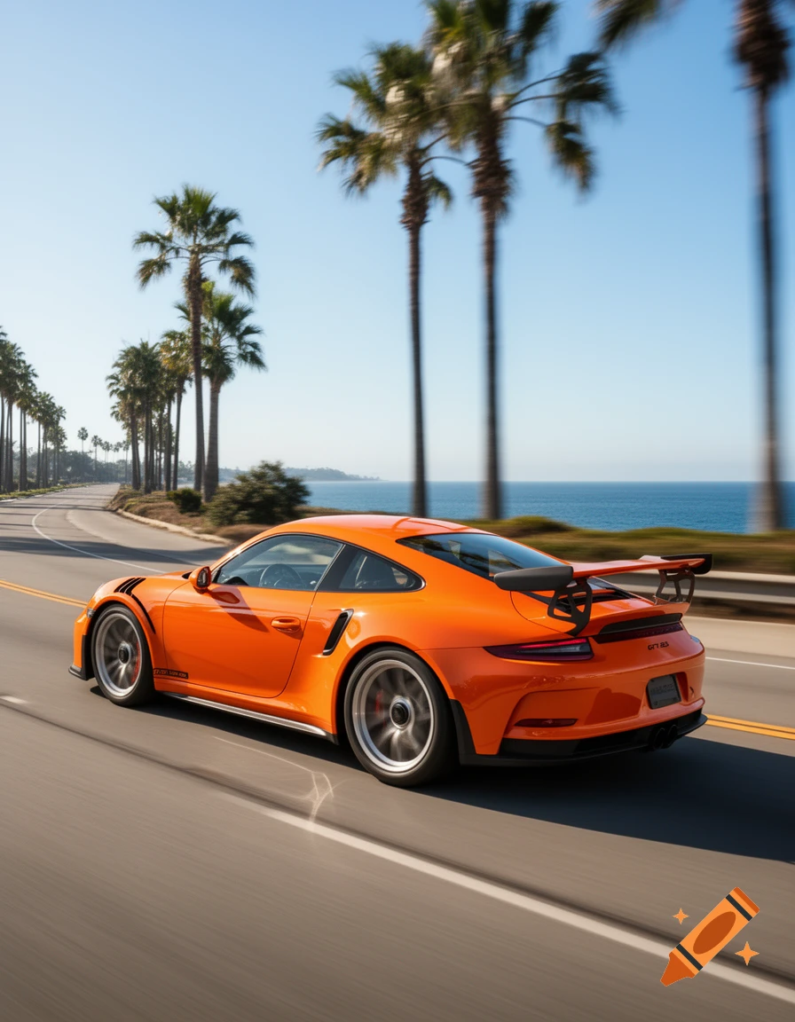An orange Porsche GT3 RS drives along a coastal road lined with palm trees, with the ocean visible in the background.