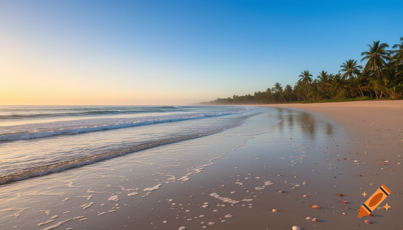 A serene beach at sunrise with gentle waves lapping the shore, a line of palm trees, and scattered seashells.