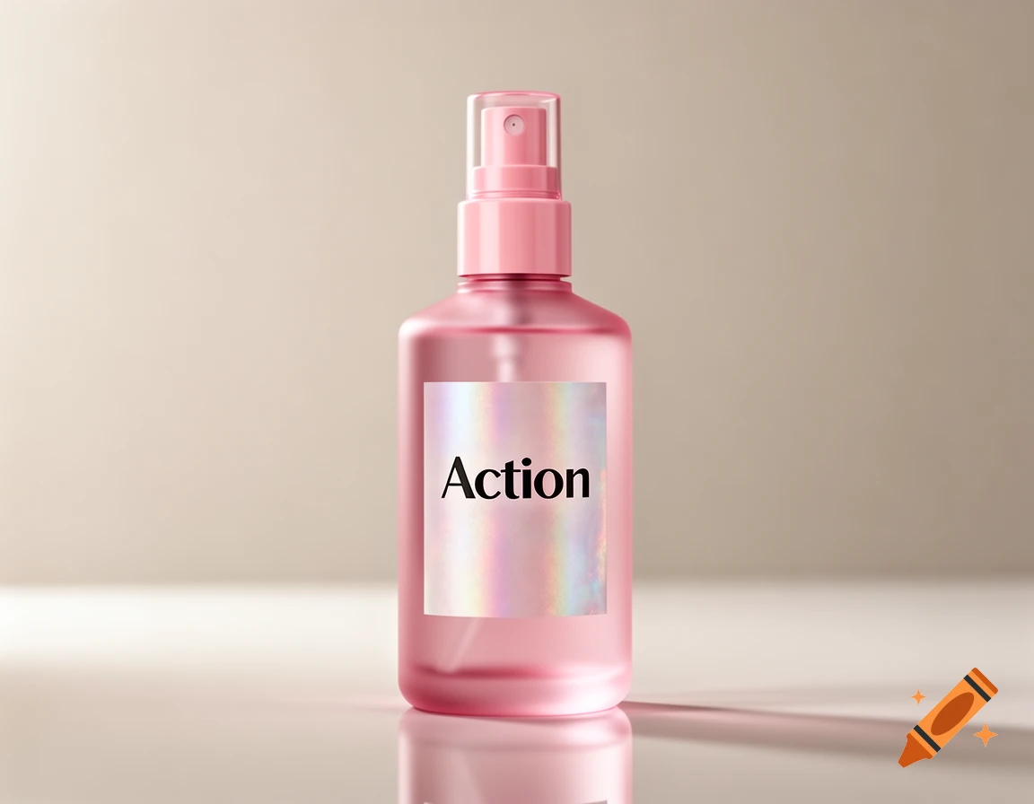 A realistic pink spray bottle with an 'Action' label stands on a light background.