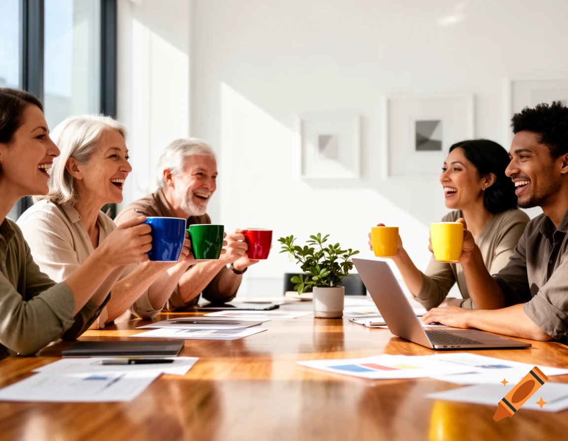 Diverse group of five people laughing during a meeting, holding colorful coffee mugs around a wooden table with a laptop and papers.