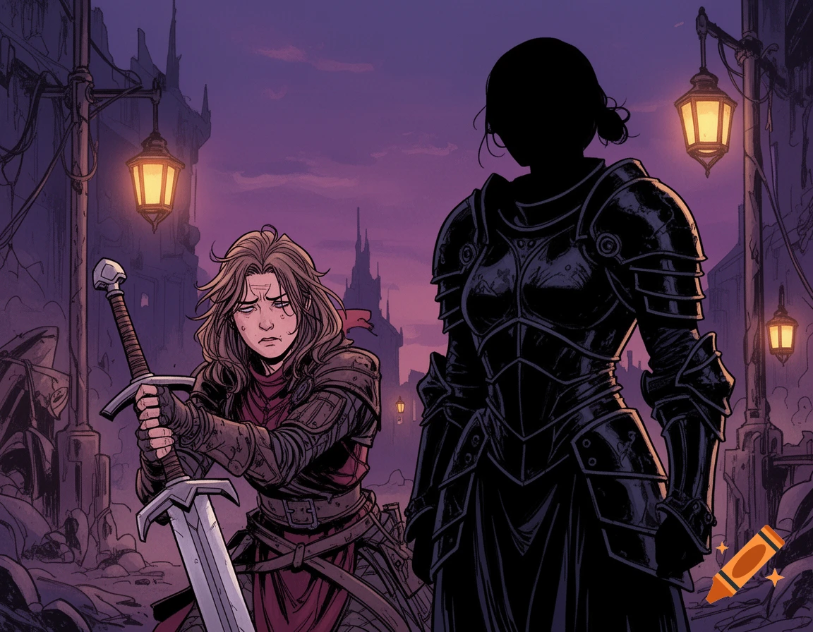 Comic illustration of an exhausted female warrior holding a sword next to a brooding, silhouetted warrior in dark armor, in a purple-hued street.