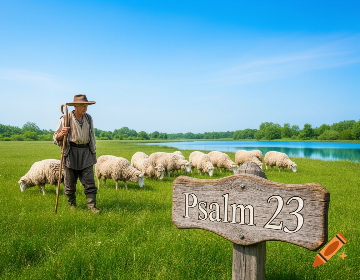 A shepherd with a staff watches sheep graze in a green pasture by a blue lake. A wooden sign reads 'Psalm 23'.