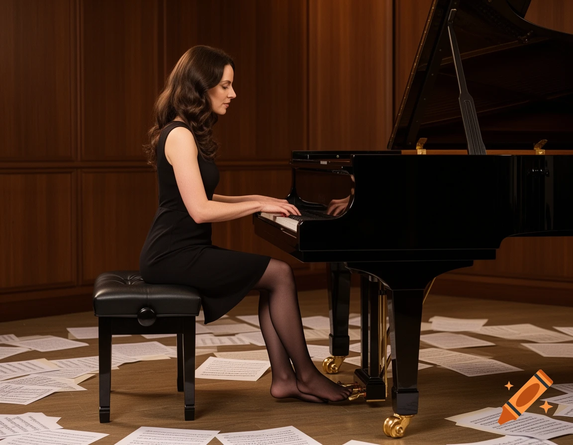 A photorealistic image of a woman in a black dress and stockings playing a grand piano in a wood-paneled room, with sheet music on the floor.
