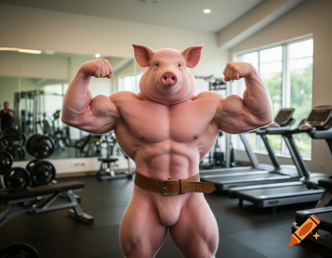A muscular, anthropomorphic pig with a human bodybuilder physique flexes in a modern gym, wearing a brown belt.