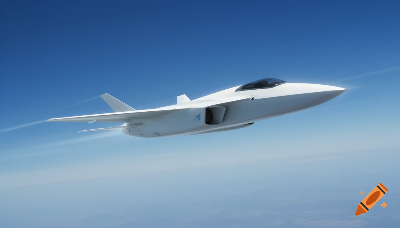 A sleek white futuristic fighter jet flies through a clear blue sky, leaving thin contrails.