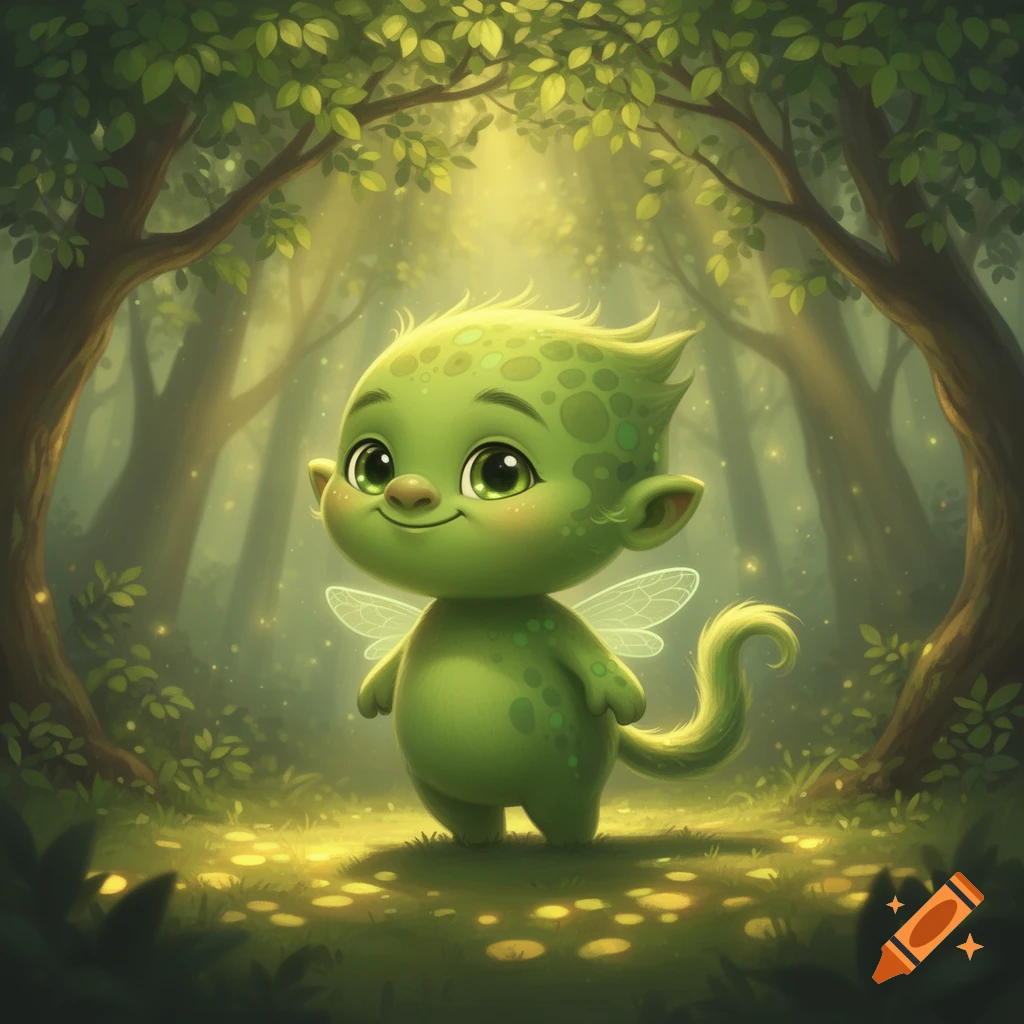 A cute, smiling green fantasy creature with spots, small wings, and a tail stands in a sunlit forest.