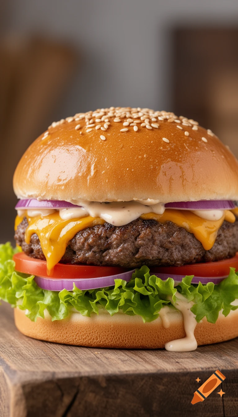 A close-up, photorealistic image of a hamburger with a sesame seed bun, melted cheese, lettuce, tomato, and red onion on a wooden surface.