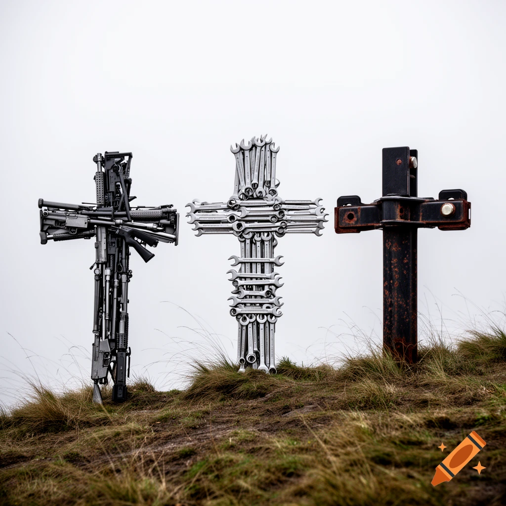 Three crosses made of guns, wrenches, and metal tow hitches stand on a grassy hill against a cloudy sky.