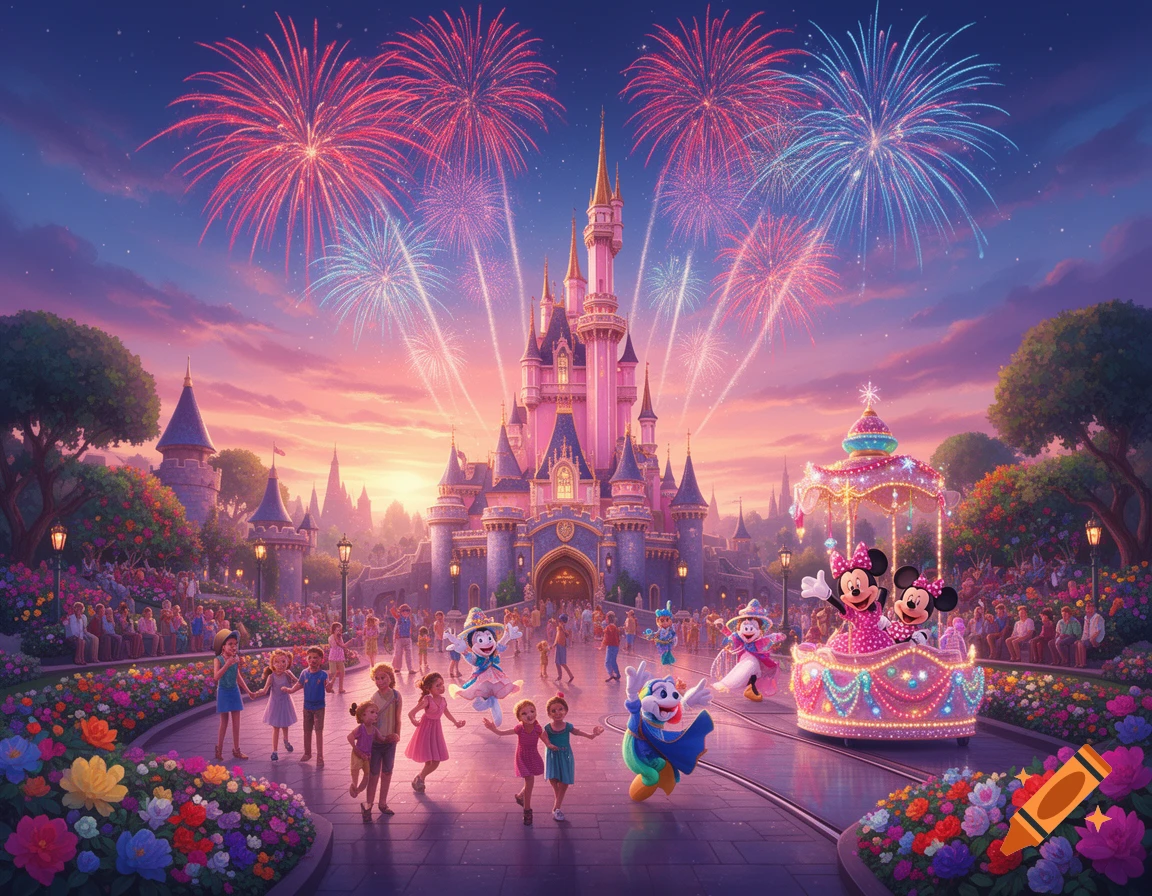 Vibrant illustration of a pink fantasy castle with fireworks, a parade featuring cartoon characters and children in a colorful theme park at sunset.