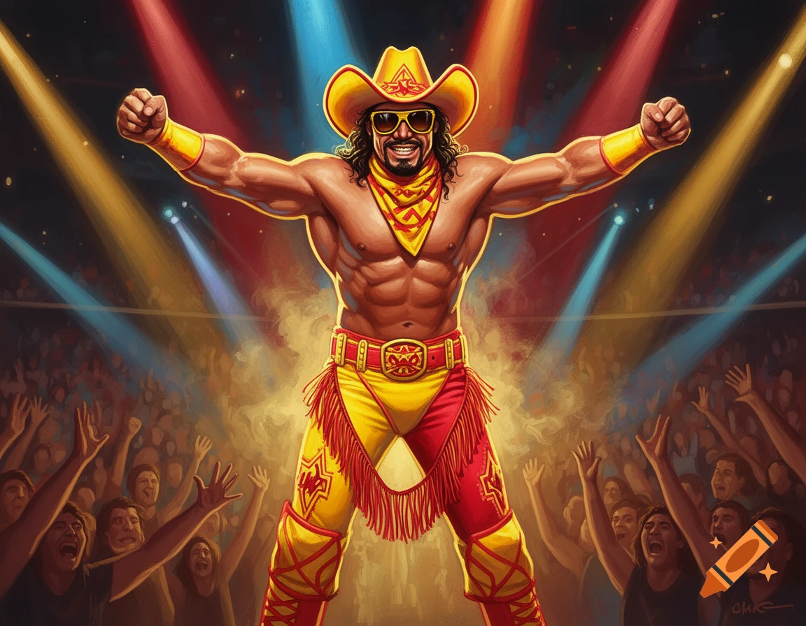 A muscular wrestler, Macho Man Randy Savage, in a yellow and red cowboy outfit, flexes to a cheering crowd under spotlights.