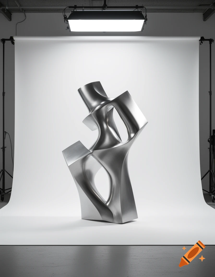 A metallic abstract sculpture with smooth curves and cutouts is illuminated in a white photography studio.