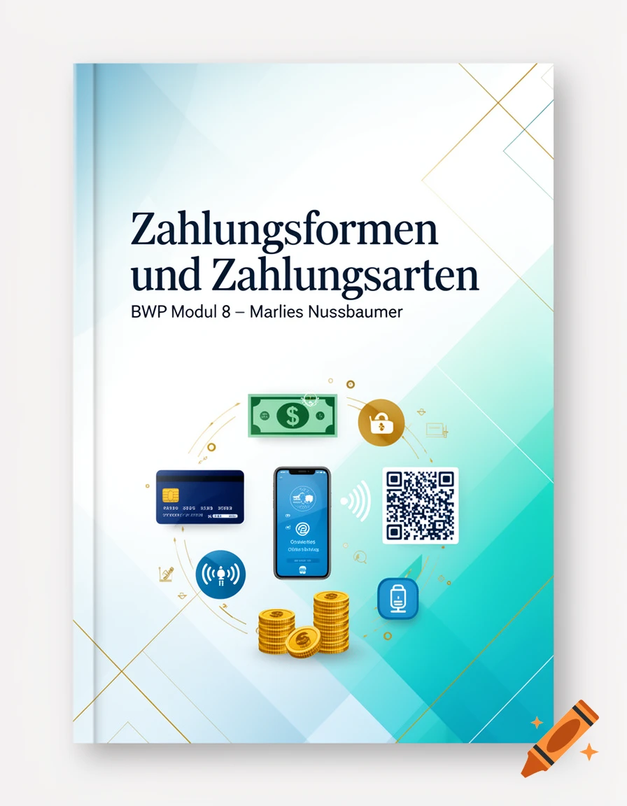 Modern book cover titled 'Zahlungsformen und Zahlungsarten' with icons of credit card, cash, phone, QR code, and coins.