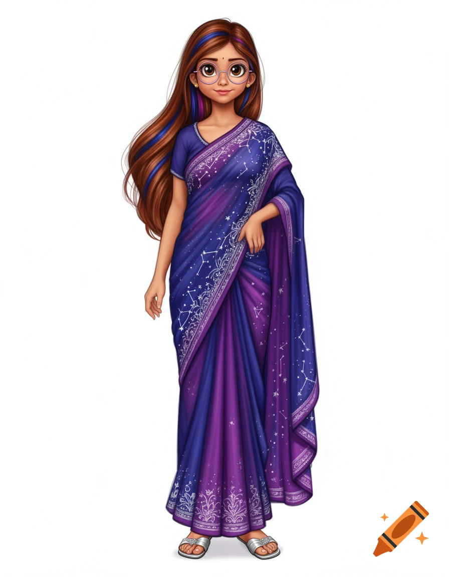 A digital drawing of an Indian girl with long brown hair, wearing glasses, and a blue and purple sari with white constellation and floral patterns. She wears silver sandals.