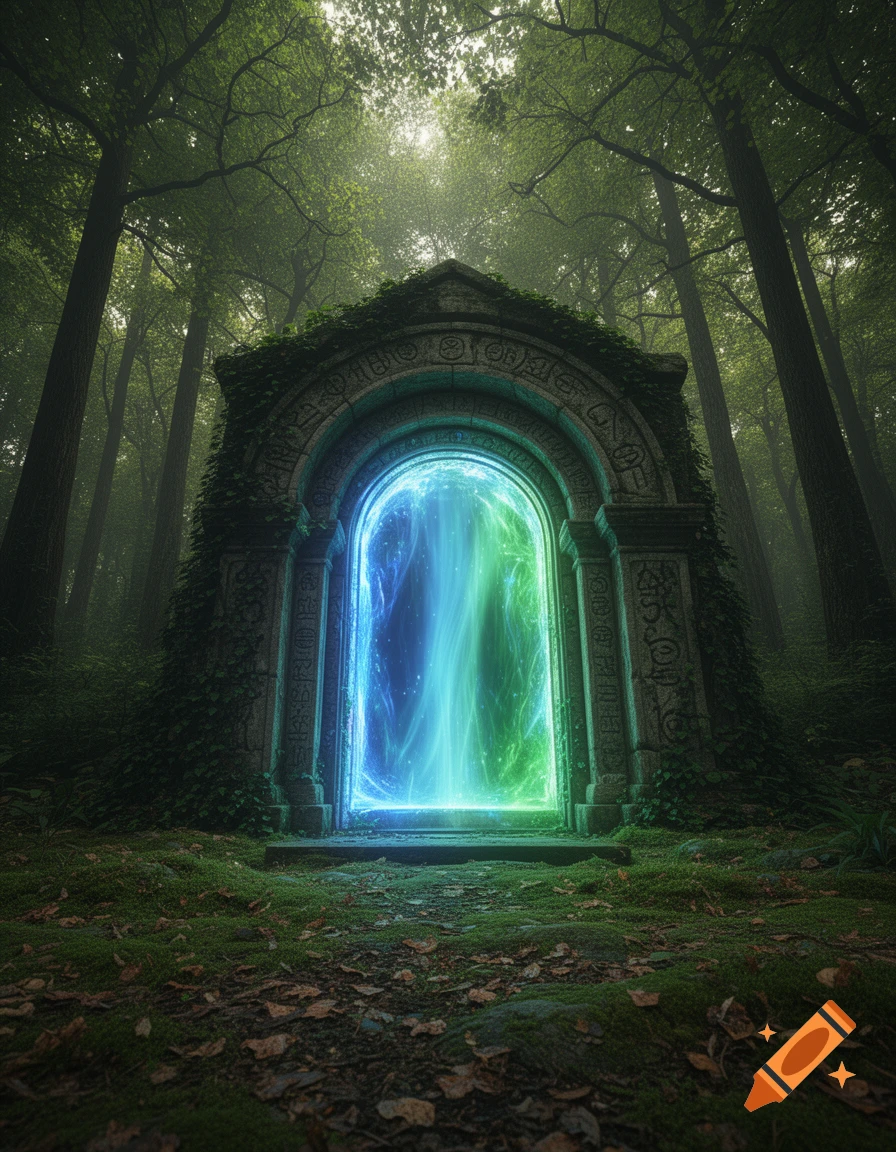 A glowing blue and green magical portal within an overgrown stone archway in a misty, ancient forest with tall trees and mossy ground.