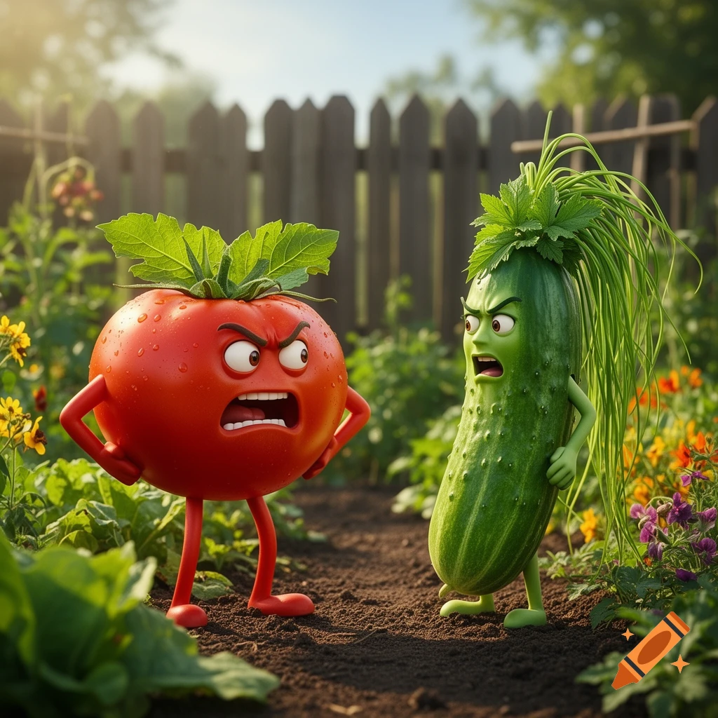 A furious anthropomorphic cartoon tomato confronts a surprised anthropomorphic cartoon cucumber in a sunny garden.