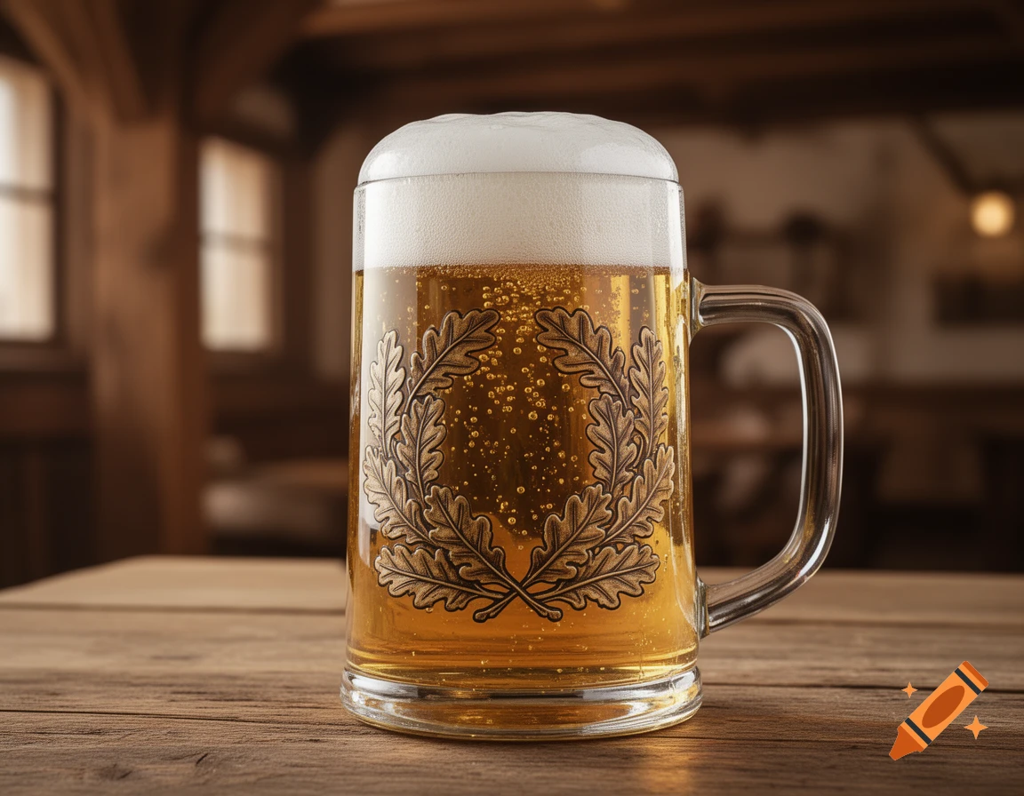 Photorealistic beer stein with foam and an oak leaf wreath design, on a wooden table in a rustic setting.