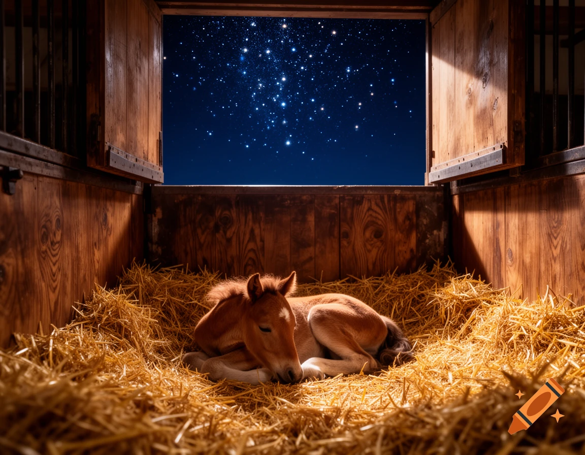 A photorealistic image of a sleeping brown foal nestled in hay inside a wooden barn, with a starry night sky visible through an open window.