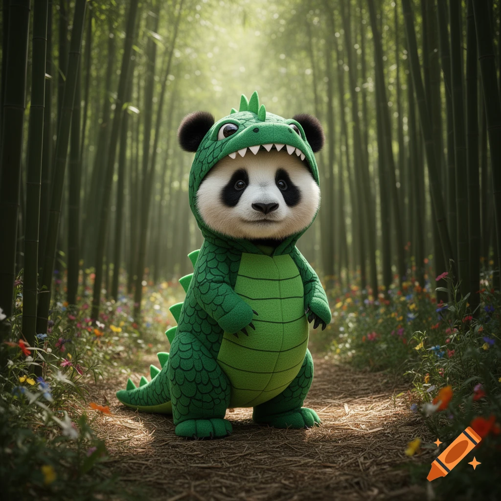 A fluffy panda wearing a green dinosaur costume stands on a forest path in a bamboo forest with wildflowers.