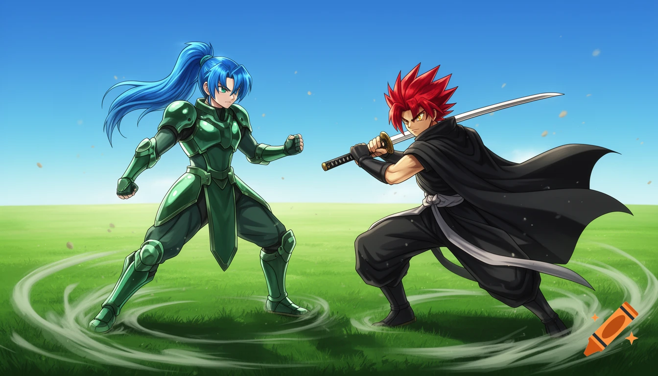 Two anime characters, a blue-haired warrior in green armor and a red-haired swordsman with a katana, face off in a green field.