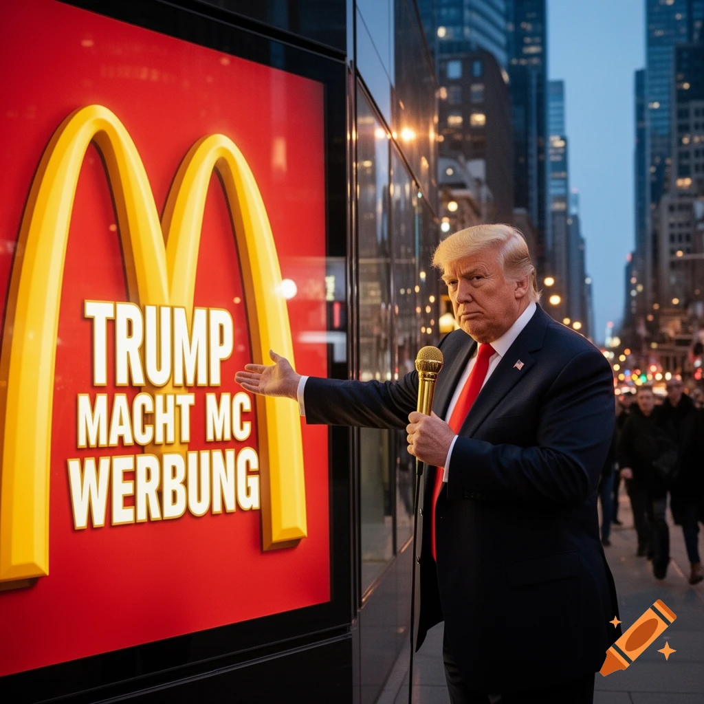 Donald Trump points at a McDonald's sign reading 'TRUMP MACHT MC WERBUNG' on a city street, holding a golden microphone.