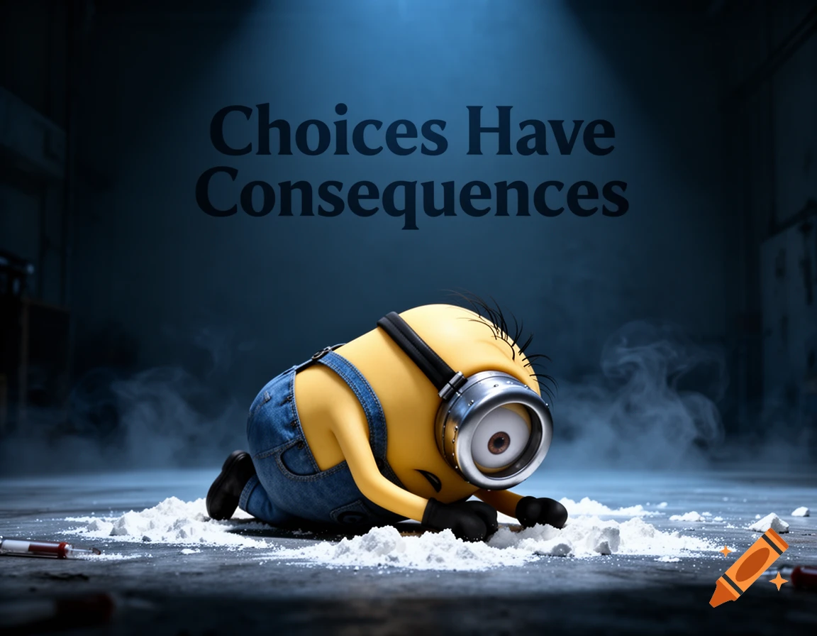 A Minion hunched over lines of white powder on a dark floor with syringes nearby, under text that reads 'Choices Have Consequences'.