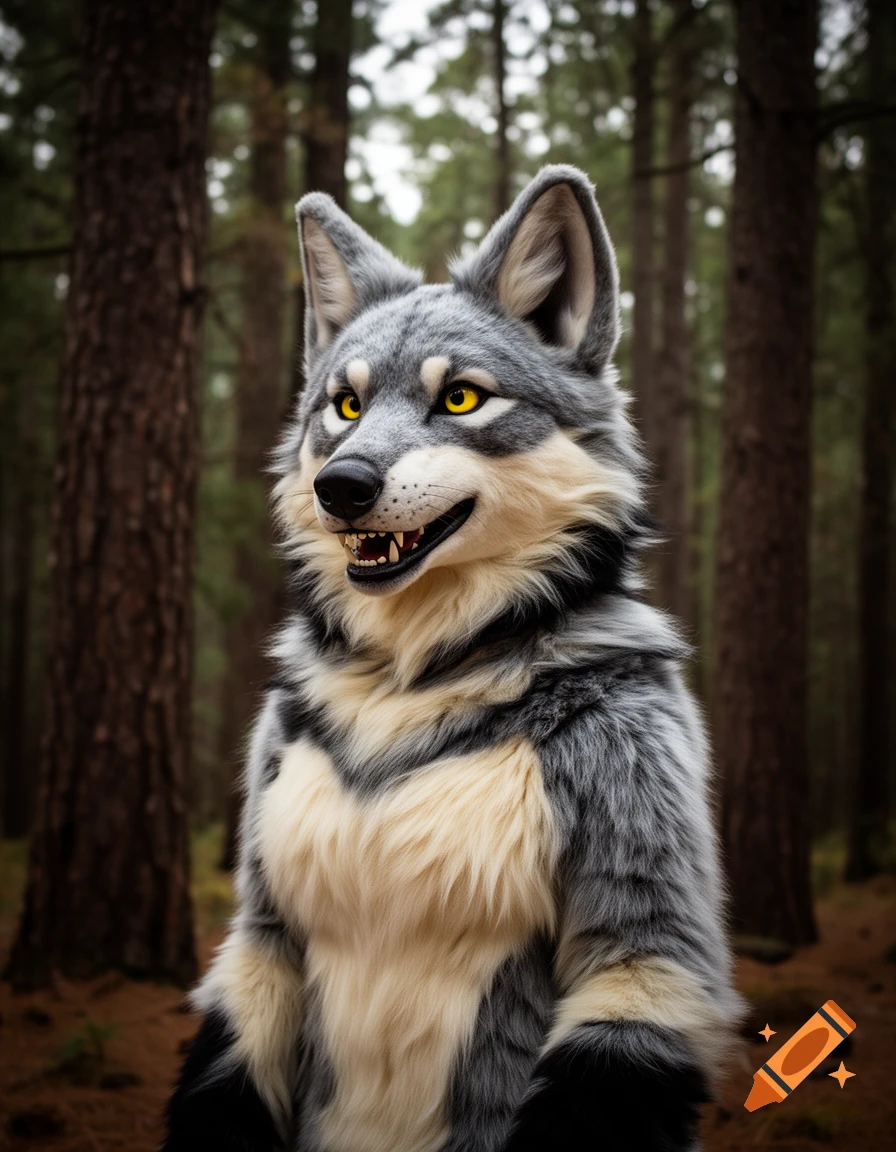 Photorealistic image of a grey and white wolf fursuit with yellow eyes, standing in a forest, smiling with teeth visible.