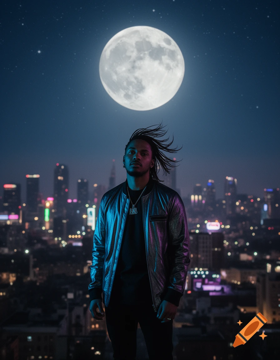 A man with dreadlocks and a shiny jacket stands on a rooftop against a city skyline and a large full moon at night.