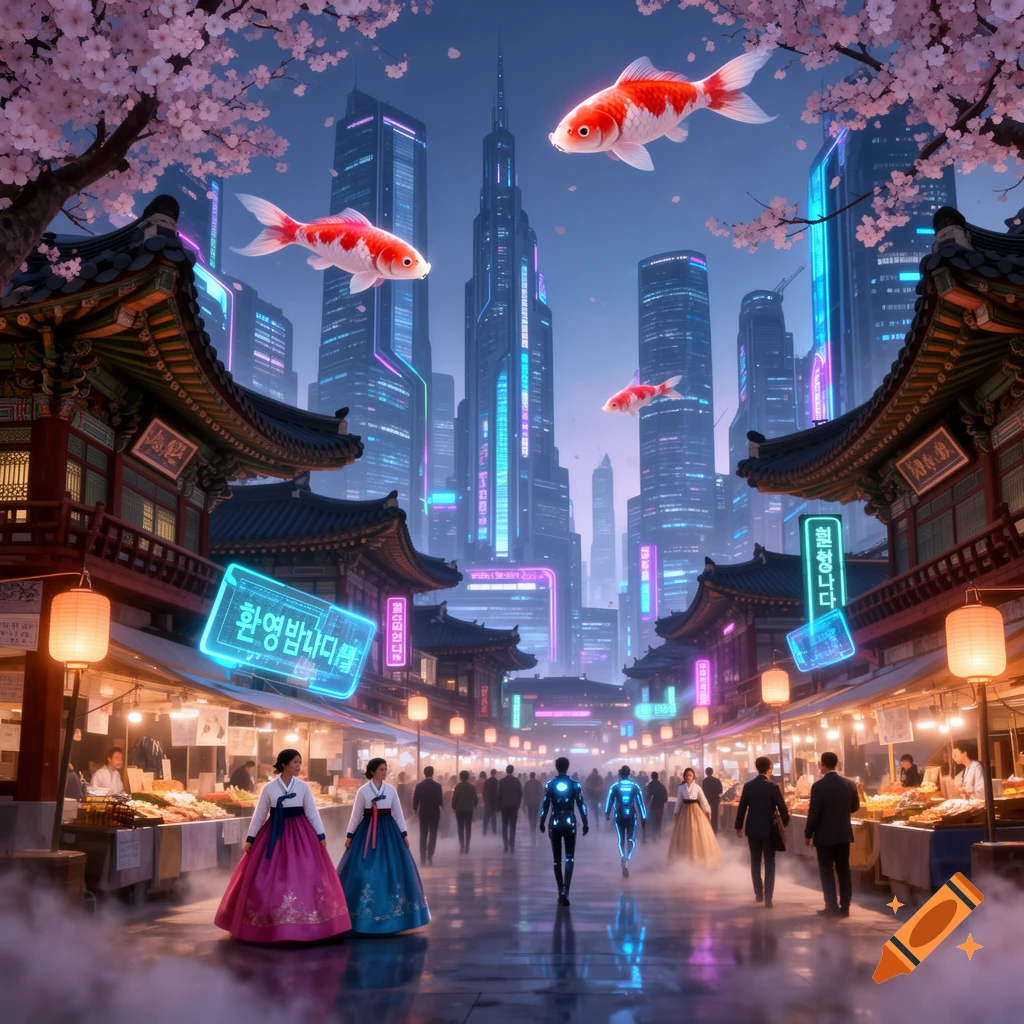 A futuristic Korean street market at dusk with traditional architecture, neon signs, and modern skyscrapers under cherry blossoms, with flying koi fish above.
