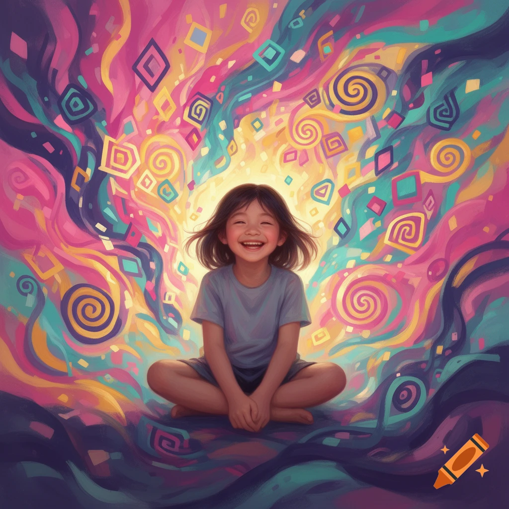 A smiling girl sits cross-legged, surrounded by a vibrant, swirling explosion of abstract pink, yellow, blue, and purple shapes.
