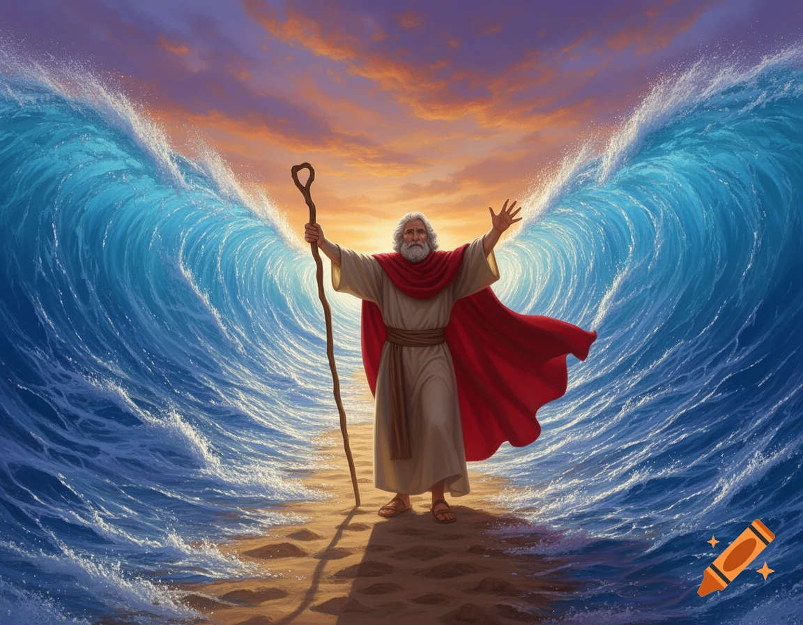 Moses, with a white beard and red cloak, stands on a sandy shore, parting the vibrant blue sea under a sunset sky. Dramatic art.