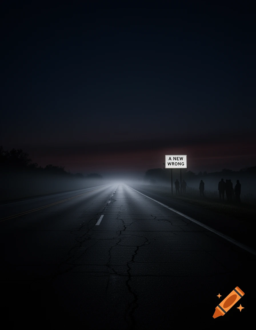 A dark, foggy road stretches into the distance, illuminated by a faint light. A sign reads 'A NEW WRONG', with several silhouetted figures standing by the roadside at night.