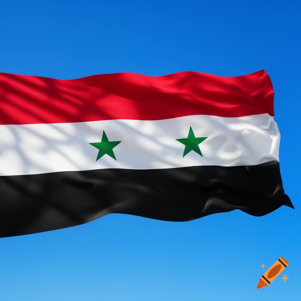 Photorealistic image of the Syrian flag with red, white, and black horizontal stripes, featuring two green stars on the white stripe, waving against a clear blue sky.