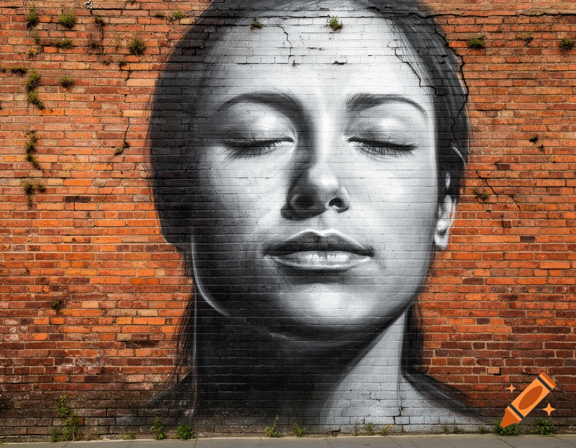 Photorealistic black and white mural of a woman's face with closed eyes on a textured orange brick wall.