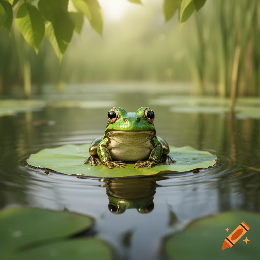 A vibrant green frog with large eyes sits on a lily pad, its reflection visible in the calm water of a pond.