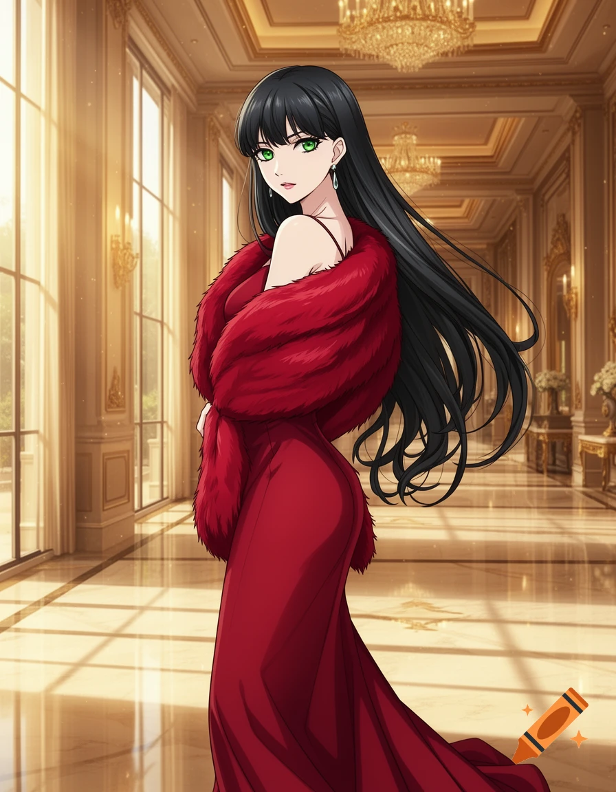An anime woman with long black hair and green eyes wears a red dress and fur stole, posing in a luxurious hotel hallway.