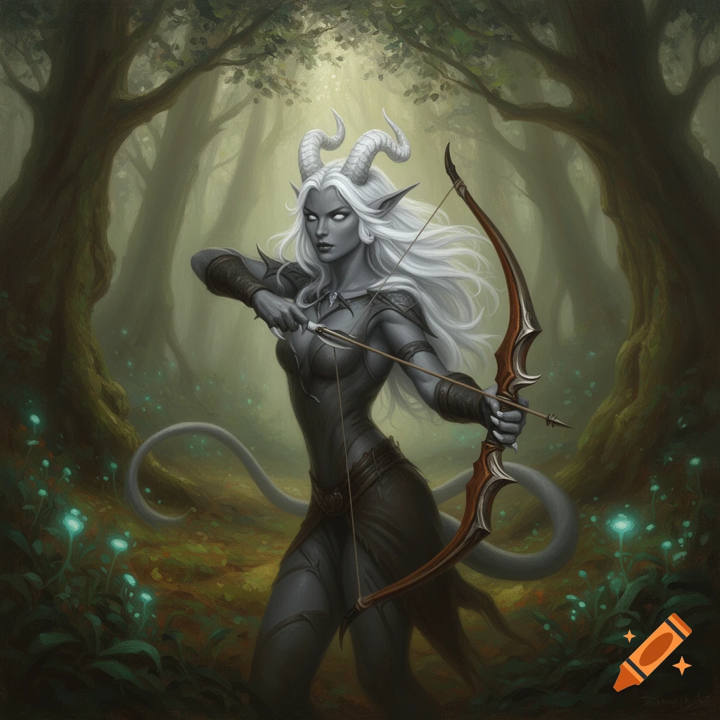 A grey-skinned female Tiefling ranger with white hair, horns, and eyes aims a bow in a mystical, misty forest, oil painting style.